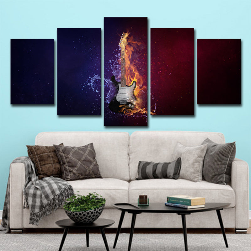 Water and Fire Guitar Canvas Print Contemporary Multi-Piece Wall Art Decor in Black Clearhalo 'Art Gallery' 'Canvas Art' 'Contemporary Art Gallery' 'Modern' Arts' 1695283