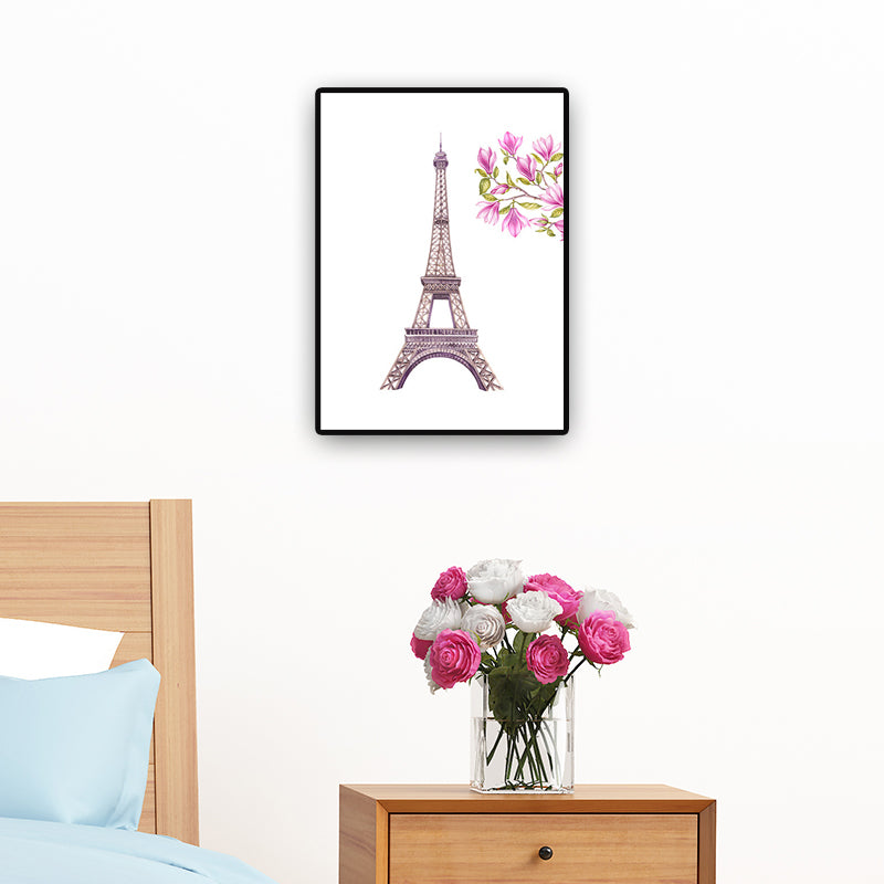 French Country for 80s Paintings Eiffel Tower and Magnolia Blossom Pink Canvas Wall Art Pink Clearhalo 'Arts' 'Canvas Art' 1695324