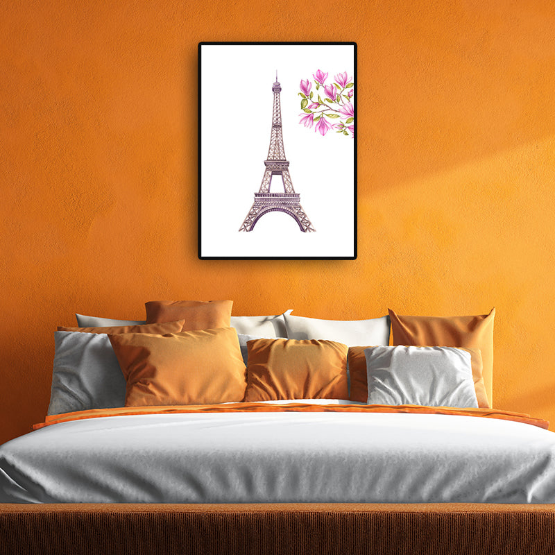 French Country for 80s Paintings Eiffel Tower and Magnolia Blossom Pink Canvas Wall Art Clearhalo 'Arts' 'Canvas Art' 1695325