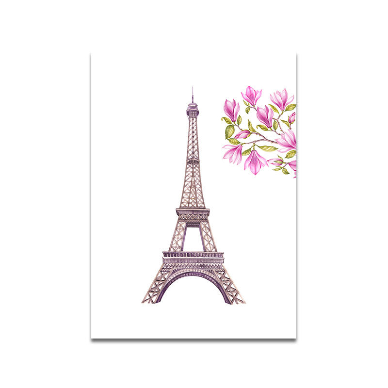 French Country for 80s Paintings Eiffel Tower and Magnolia Blossom Pink Canvas Wall Art Clearhalo 'Arts' 'Canvas Art' 1695327