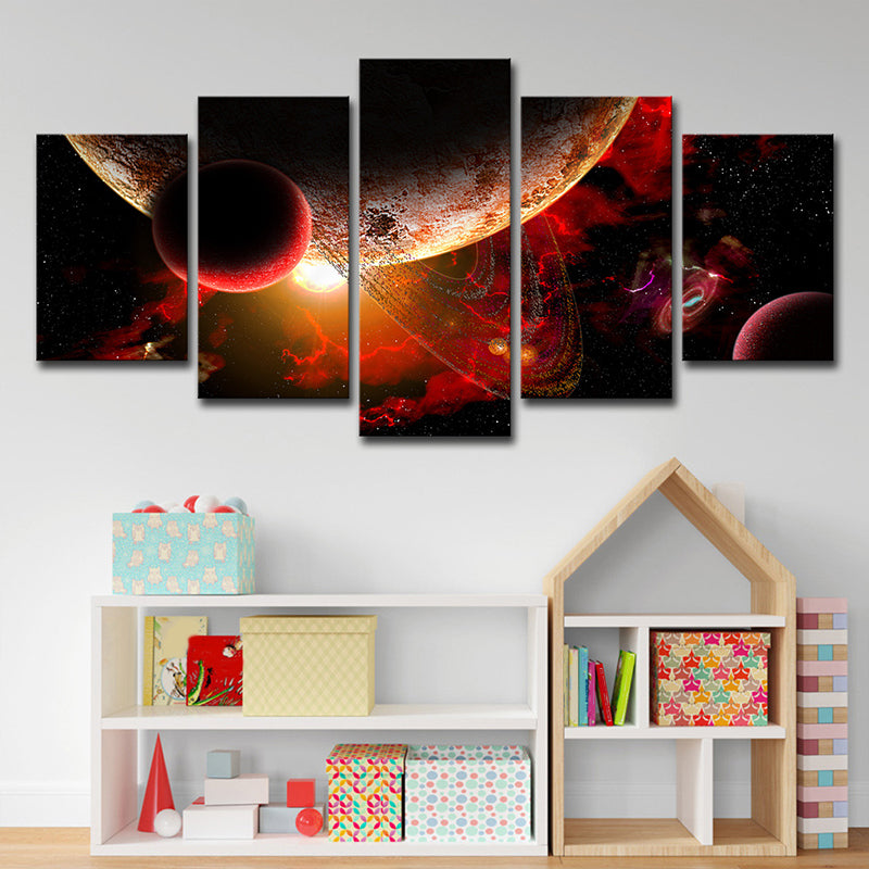 Space Planets Canvas Print in Red Science Fiction Wall Art Decor for Child Bedroom Clearhalo 'Art Gallery' 'Canvas Art' 'Kids' Arts' 1695369