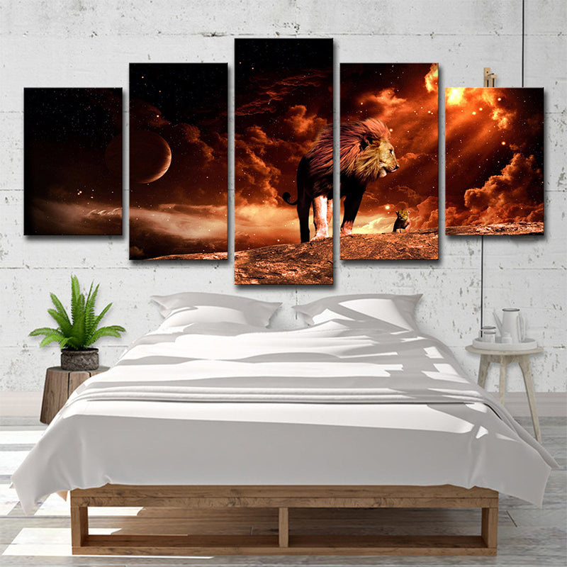 Outer Space Lion Wall Art Science Fiction Mysterious Planet Canvas Print in Brown Clearhalo 'Art Gallery' 'Canvas Art' 'Contemporary Art Gallery' 'Modern' Arts' 1695396