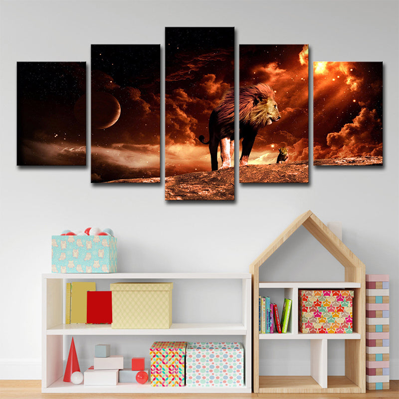 Outer Space Lion Wall Art Science Fiction Mysterious Planet Canvas Print in Brown Clearhalo 'Art Gallery' 'Canvas Art' 'Contemporary Art Gallery' 'Modern' Arts' 1695397