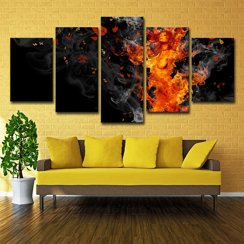 Nirvana Canvas Art Modern Beautiful Woman on Fire Wall Decor in Yellow and Black Clearhalo 'Art Gallery' 'Canvas Art' 'Contemporary Art Gallery' 'Modern' Arts' 1695447