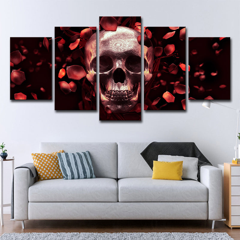 Skull and Rose Petals Canvas Art Contemporary Multi-Piece Wall Decor in Red for Home Red Clearhalo 'Art Gallery' 'Canvas Art' 'Contemporary Art Gallery' 'Modern' Arts' 1695466