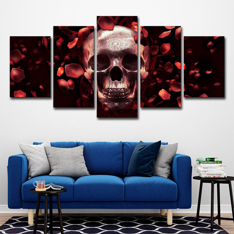 Skull and Rose Petals Canvas Art Contemporary Multi-Piece Wall Decor in Red for Home Clearhalo 'Art Gallery' 'Canvas Art' 'Contemporary Art Gallery' 'Modern' Arts' 1695467