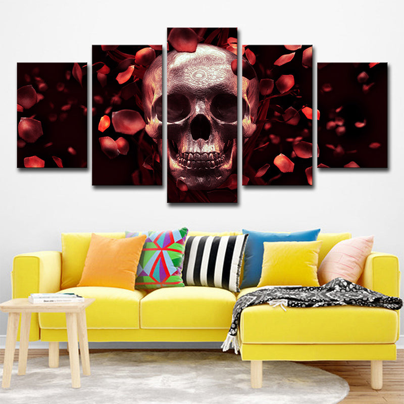Skull and Rose Petals Canvas Art Contemporary Multi-Piece Wall Decor in Red for Home Clearhalo 'Art Gallery' 'Canvas Art' 'Contemporary Art Gallery' 'Modern' Arts' 1695468