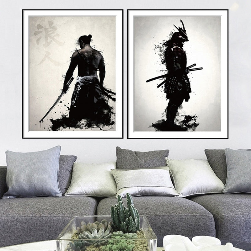 Asian Warrior Painting Canvas Decorative Black Wall Art Print for Parlor, Multiple Sizes Clearhalo 'Arts' 'Canvas Art' 1695487