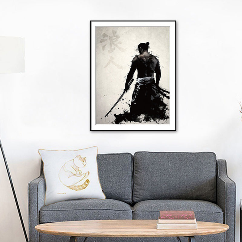 Asian Warrior Painting Canvas Decorative Black Wall Art Print for Parlor, Multiple Sizes Black Design 1 Clearhalo 'Arts' 'Canvas Art' 1695488