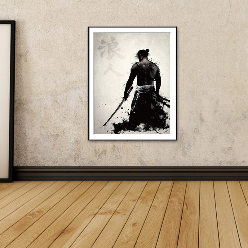 Asian Warrior Painting Canvas Decorative Black Wall Art Print for Parlor, Multiple Sizes Clearhalo 'Arts' 'Canvas Art' 1695489