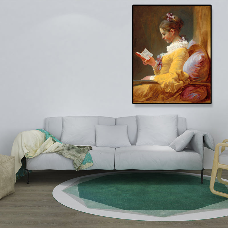 Girl Reading Art Print Vintage Textured Living Room Wrapped Canvas in Yellow (Multiple Size Options) Clearhalo 'Arts' 'Canvas Art' 1695560