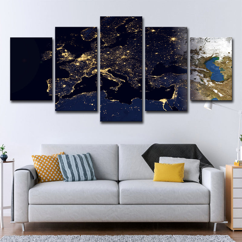 Gold World Map Canvas Print Multi-Piece Contemporary House Interior Wall Art on Black Clearhalo 'Art Gallery' 'Canvas Art' 'Contemporary Art Gallery' 'Modern' Arts' 1695594