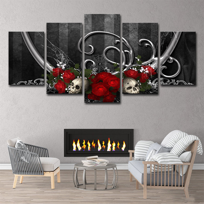 Cool Rose and Skull Canvas Print Boys Bedroom Fantasy Wall Art in Grey-Red Grey Clearhalo 'Art Gallery' 'Canvas Art' 'Contemporary Art Gallery' 'Modern' Arts' 1695656