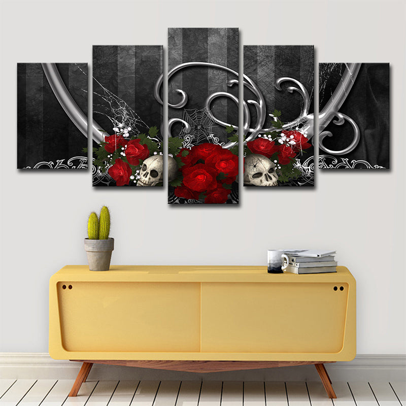 Cool Rose and Skull Canvas Print Boys Bedroom Fantasy Wall Art in Grey-Red Clearhalo 'Art Gallery' 'Canvas Art' 'Contemporary Art Gallery' 'Modern' Arts' 1695658