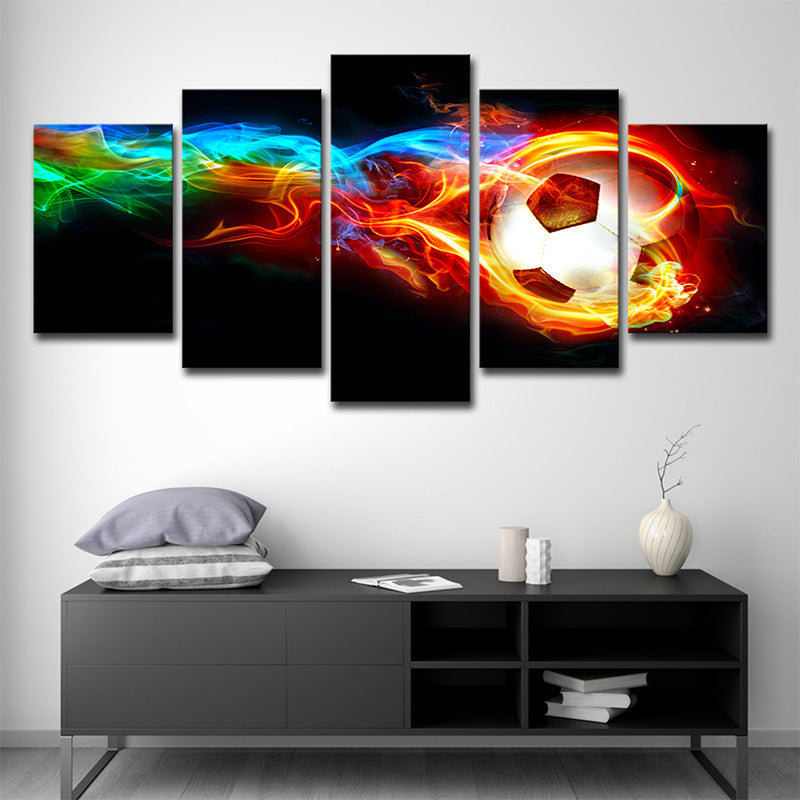 Sports Soccer on Fire Canvas Modern Multi-Piece Wall Art Print in Black for Room Clearhalo 'Art Gallery' 'Canvas Art' 'Contemporary Art Gallery' 'Modern' Arts' 1695689