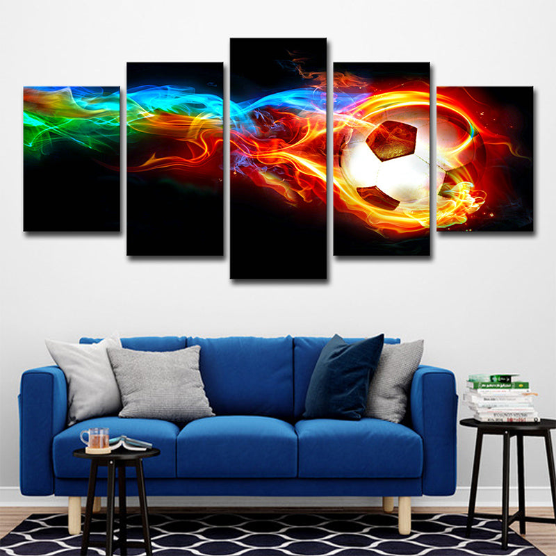 Sports Soccer on Fire Canvas Modern Multi-Piece Wall Art Print in Black for Room Clearhalo 'Art Gallery' 'Canvas Art' 'Contemporary Art Gallery' 'Modern' Arts' 1695690