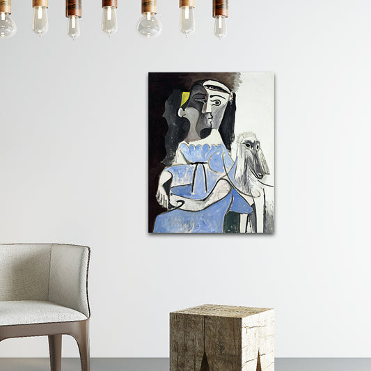 Picasso Woman and Dog Canvas Art Vintage Textured Surface Painting in Blue and Grey Clearhalo 'Arts' 'Canvas Art' 1695765