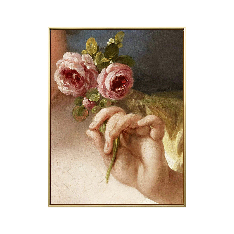 Canvas Print Textured Painting Nostalgic Hand Holding Rose Wall Art Decor in Yellow Clearhalo 'Arts' 'Canvas Art' 1695808