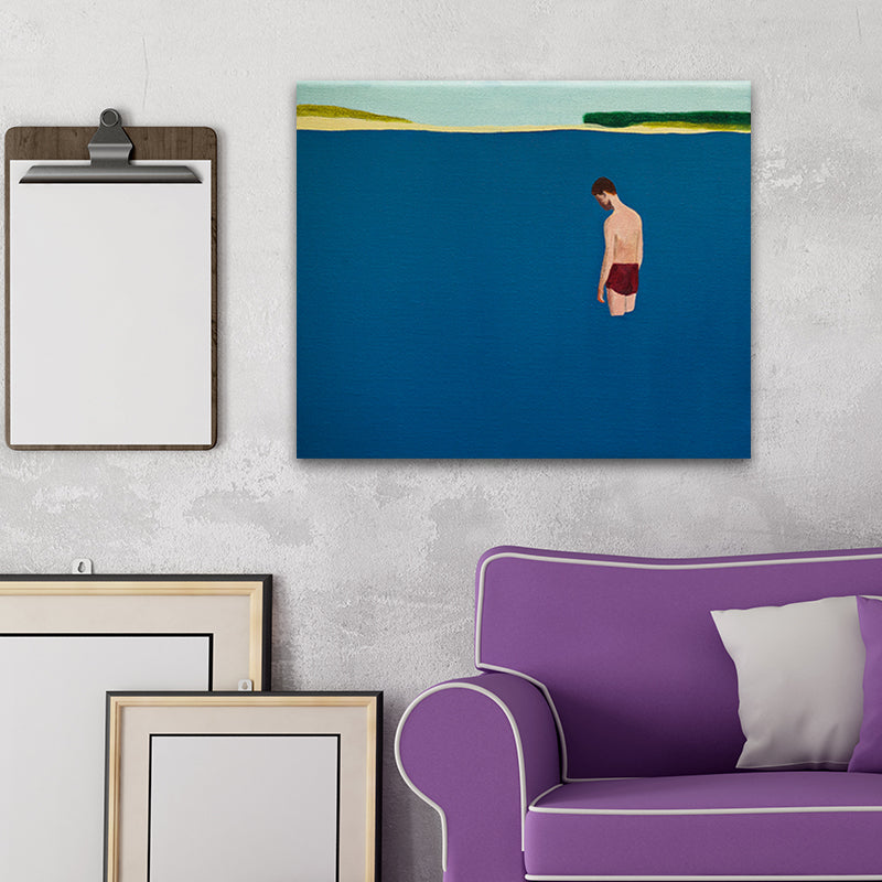 Man in Sea Painting Art Print Blue Contemporary Wall Decoration for House Interior Clearhalo 'Art Gallery' 'Canvas Art' 'Contemporary Art Gallery' 'Modern' Arts' 1695929