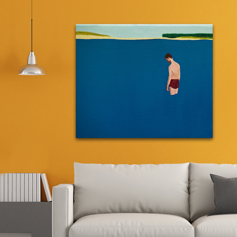 Man in Sea Painting Art Print Blue Contemporary Wall Decoration for House Interior Clearhalo 'Art Gallery' 'Canvas Art' 'Contemporary Art Gallery' 'Modern' Arts' 1695930