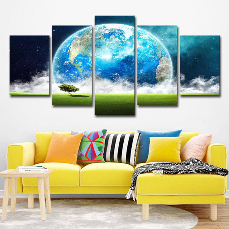Blue Modern Canvas Print Meadow and Giant Earth View Wall Art Decor for Living Room Clearhalo 'Art Gallery' 'Canvas Art' 'Contemporary Art Gallery' 'Modern' Arts' 1696132