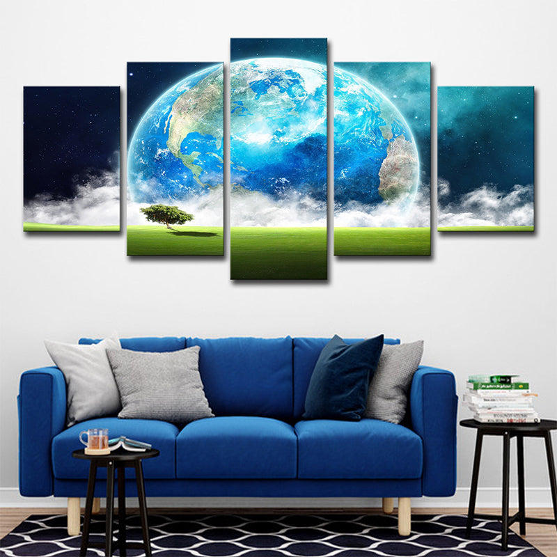 Blue Modern Canvas Print Meadow and Giant Earth View Wall Art Decor for Living Room Clearhalo 'Art Gallery' 'Canvas Art' 'Contemporary Art Gallery' 'Modern' Arts' 1696133