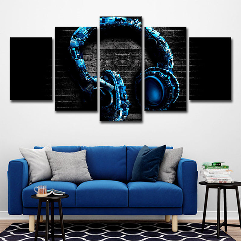 Musical Earphone Wall Art Modern Multi-Piece Canvas Print in Blue on Black for Boys Room Black Clearhalo 'Art Gallery' 'Canvas Art' 'Contemporary Art Gallery' 'Modern' Arts' 1696159