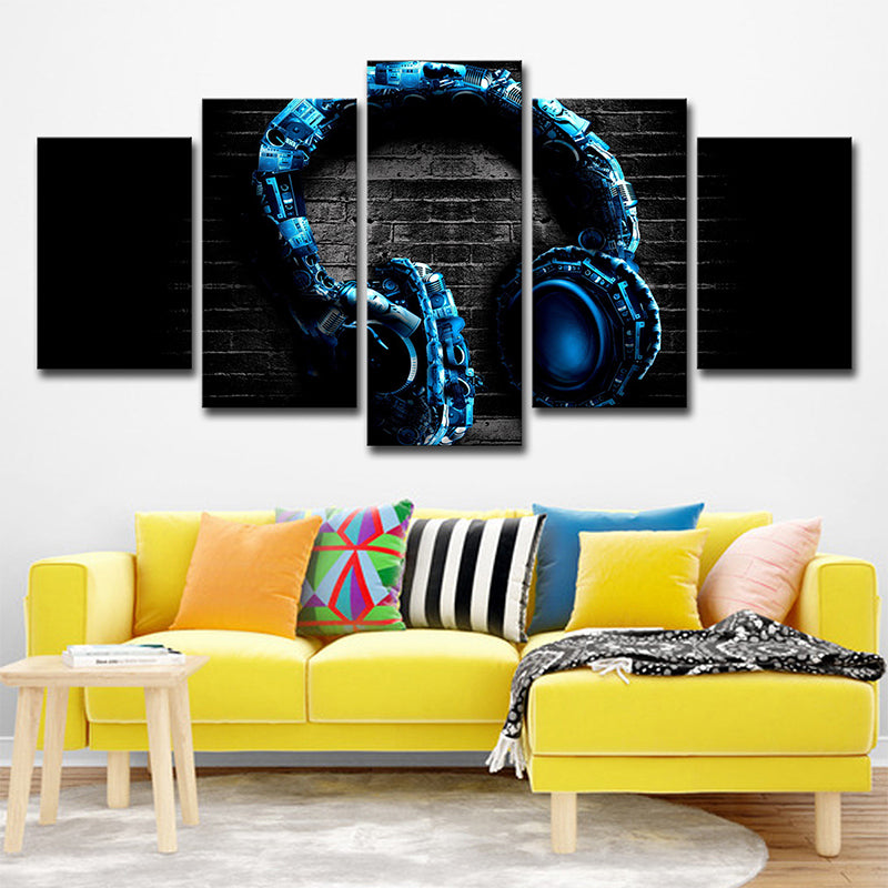 Musical Earphone Wall Art Modern Multi-Piece Canvas Print in Blue on Black for Boys Room Clearhalo 'Art Gallery' 'Canvas Art' 'Contemporary Art Gallery' 'Modern' Arts' 1696160