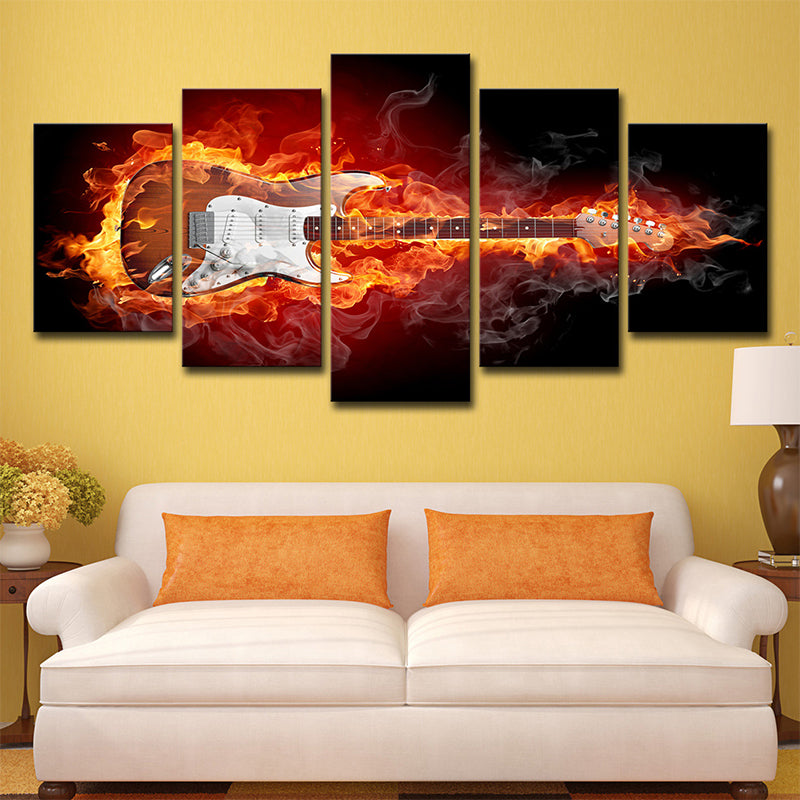 Orange Guitar on Fire Art Print Rock Music Modern Multi-Piece Canvas for Boys Room Clearhalo 'Art Gallery' 'Canvas Art' 'Contemporary Art Gallery' 'Modern' Arts' 1696182