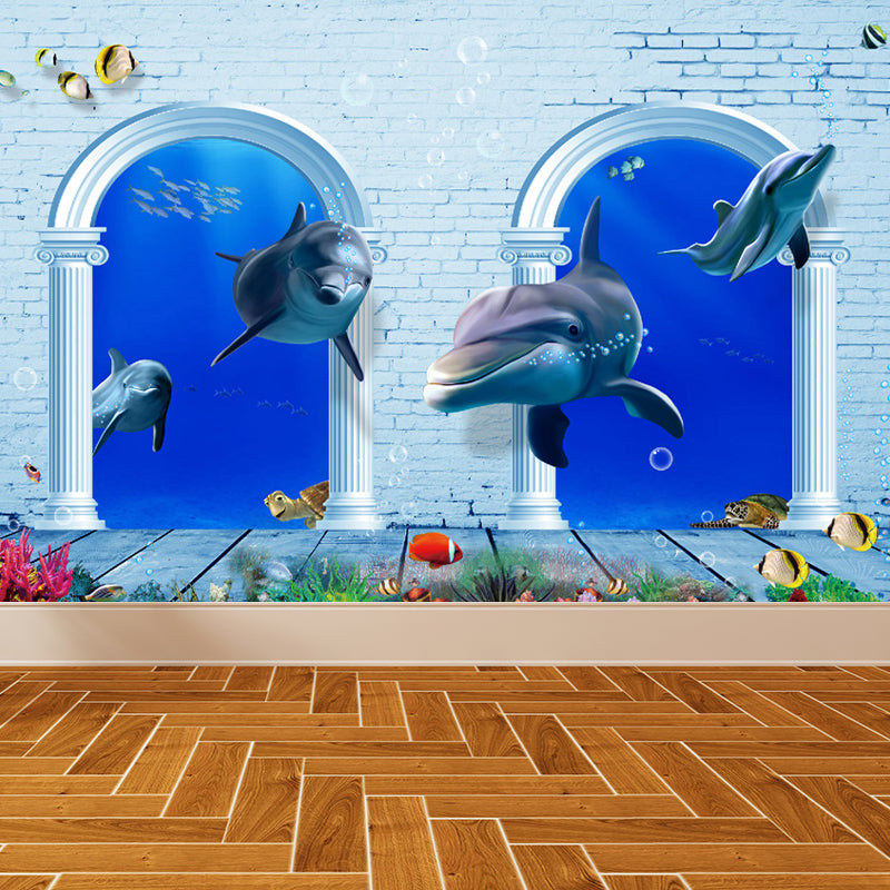 Aquarium Sea Life Mural Wallpaper Kids Style Non-Woven Fabric Wall Covering in Blue Blue Design 1 Clearhalo 'Wall Decor' 'Wall Mural' 1696586