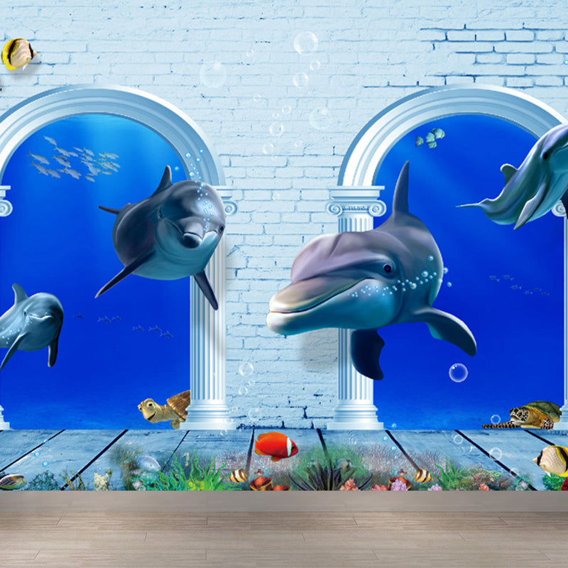 Aquarium Sea Life Mural Wallpaper Kids Style Non-Woven Fabric Wall Covering in Blue Clearhalo 'Wall Decor' 'Wall Mural' 1696587