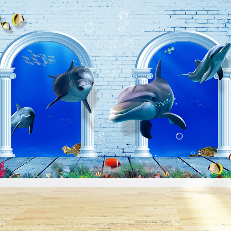 Aquarium Sea Life Mural Wallpaper Kids Style Non-Woven Fabric Wall Covering in Blue Clearhalo 'Wall Decor' 'Wall Mural' 1696588