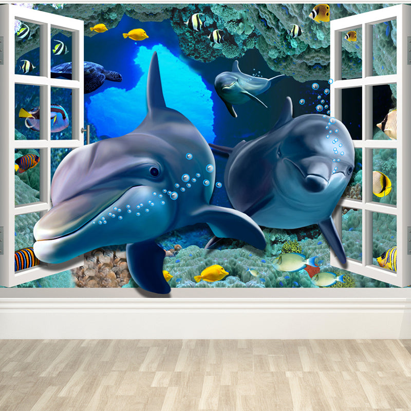 Aquarium Sea Life Mural Wallpaper Kids Style Non-Woven Fabric Wall Covering in Blue Blue Design 2 Clearhalo 'Wall Decor' 'Wall Mural' 1696591