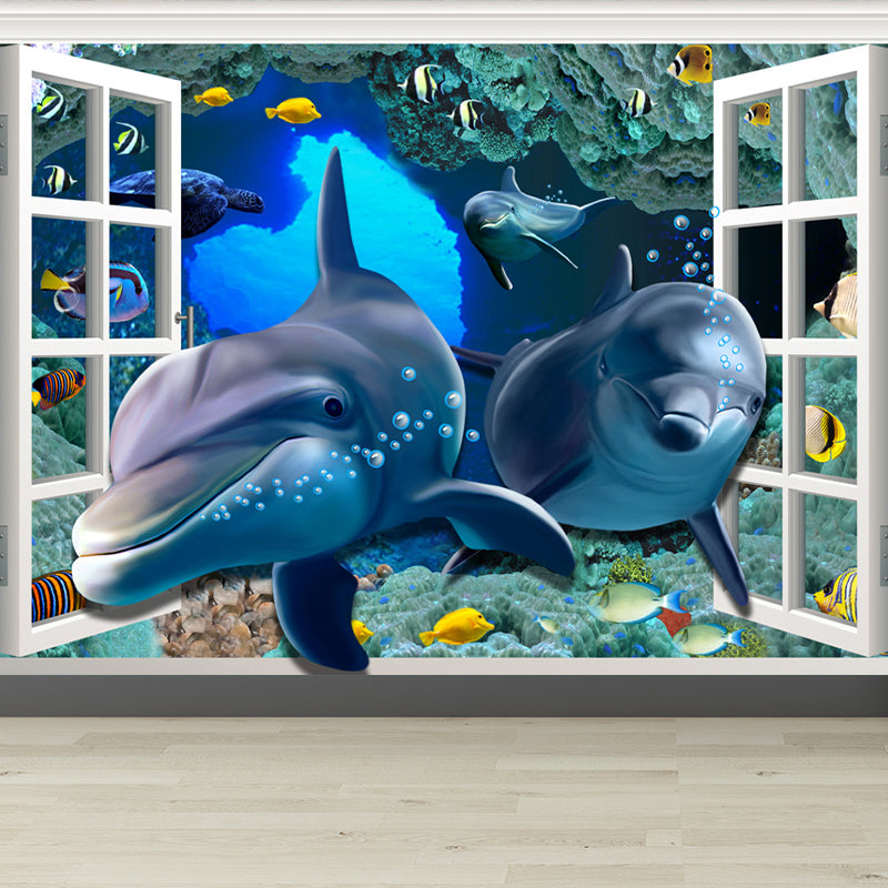 Aquarium Sea Life Mural Wallpaper Kids Style Non-Woven Fabric Wall Covering in Blue Clearhalo 'Wall Decor' 'Wall Mural' 1696592