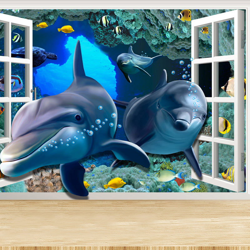 Aquarium Sea Life Mural Wallpaper Kids Style Non-Woven Fabric Wall Covering in Blue Clearhalo 'Wall Decor' 'Wall Mural' 1696593