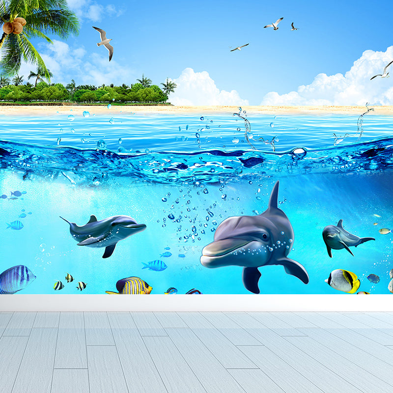 Aquarium Sea Life Mural Wallpaper Kids Style Non-Woven Fabric Wall Covering in Blue Blue Design 3 Clearhalo 'Wall Decor' 'Wall Mural' 1696596