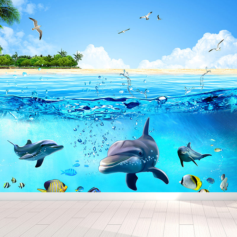 Aquarium Sea Life Mural Wallpaper Kids Style Non-Woven Fabric Wall Covering in Blue Clearhalo 'Wall Decor' 'Wall Mural' 1696597