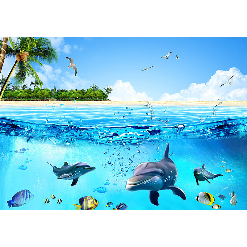 Aquarium Sea Life Mural Wallpaper Kids Style Non-Woven Fabric Wall Covering in Blue Clearhalo 'Wall Decor' 'Wall Mural' 1696599