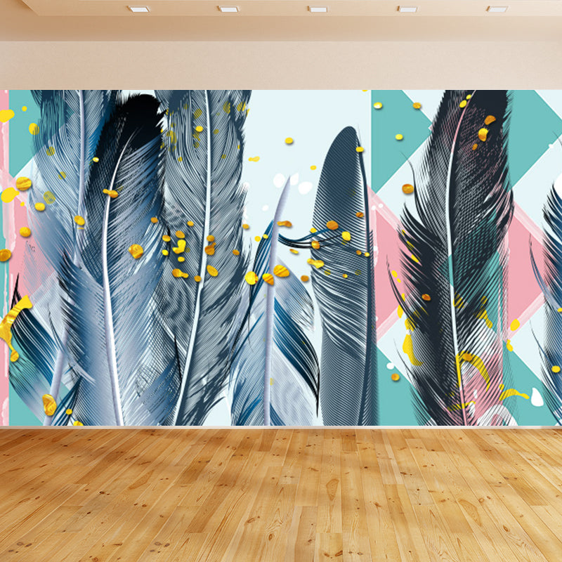 Whole Bird Feather Mural Wallpaper for Wall Decor Contemporary Girls Room Wall Art Blue Clearhalo 'Wall Decor' 'Wall Mural' 1696706