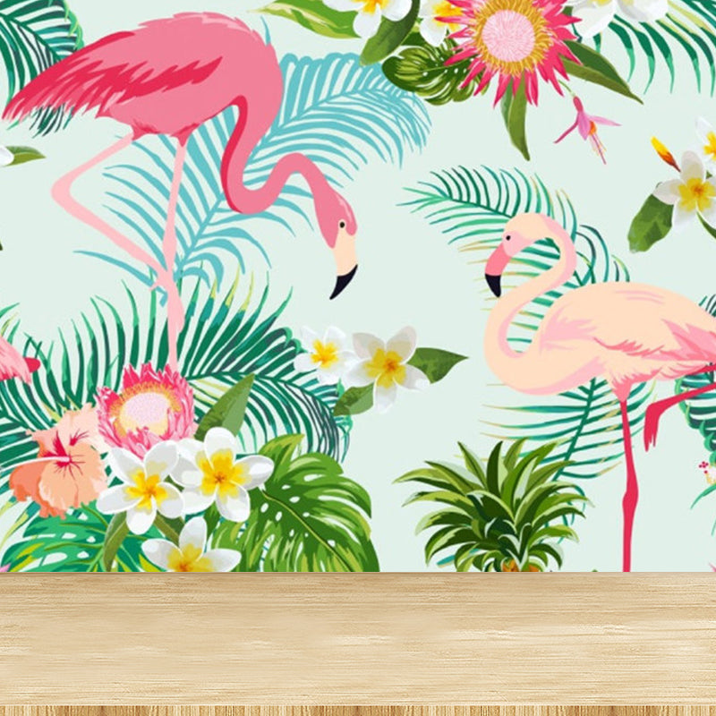 Standing Flamingos Mural Wallpaper for Dining Room, Green, Custom Size Available Green Clearhalo 'Wall Decor' 'Wall Mural' 1696716