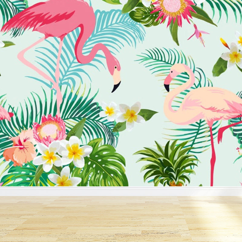 Standing Flamingos Mural Wallpaper for Dining Room, Green, Custom Size Available Clearhalo 'Wall Decor' 'Wall Mural' 1696717