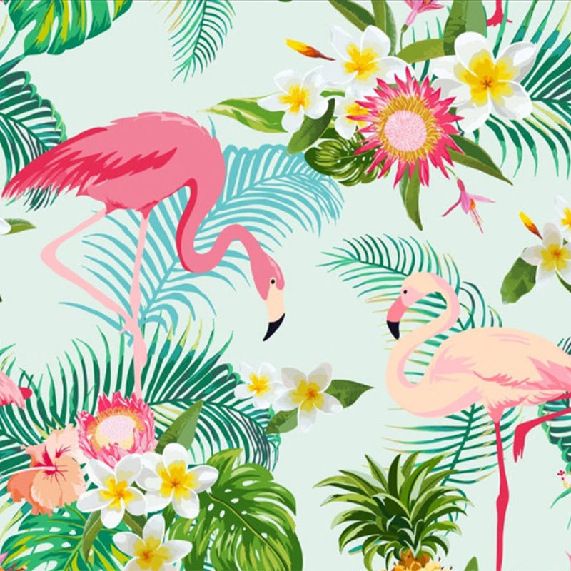 Standing Flamingos Mural Wallpaper for Dining Room, Green, Custom Size Available Clearhalo 'Wall Decor' 'Wall Mural' 1696719