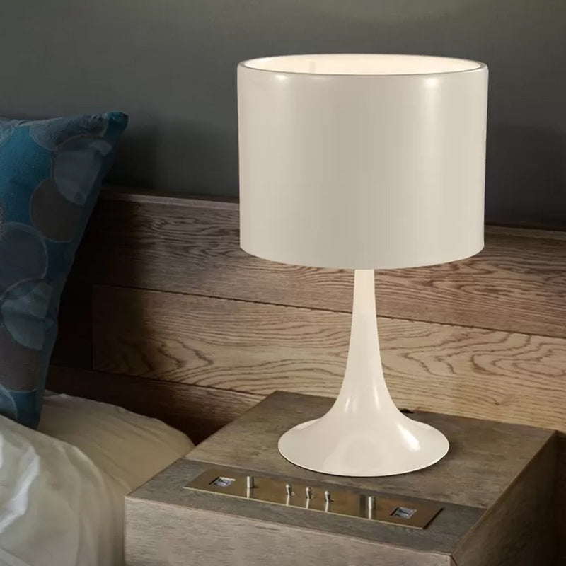 Black/White Drum Table Light with Curvaceous Base Simple Style 1 Light Metal Table Lamp for Bedroom, 10"/12" Dia White Clearhalo 'Lamps' 'Table Lamps' Lighting' 169697