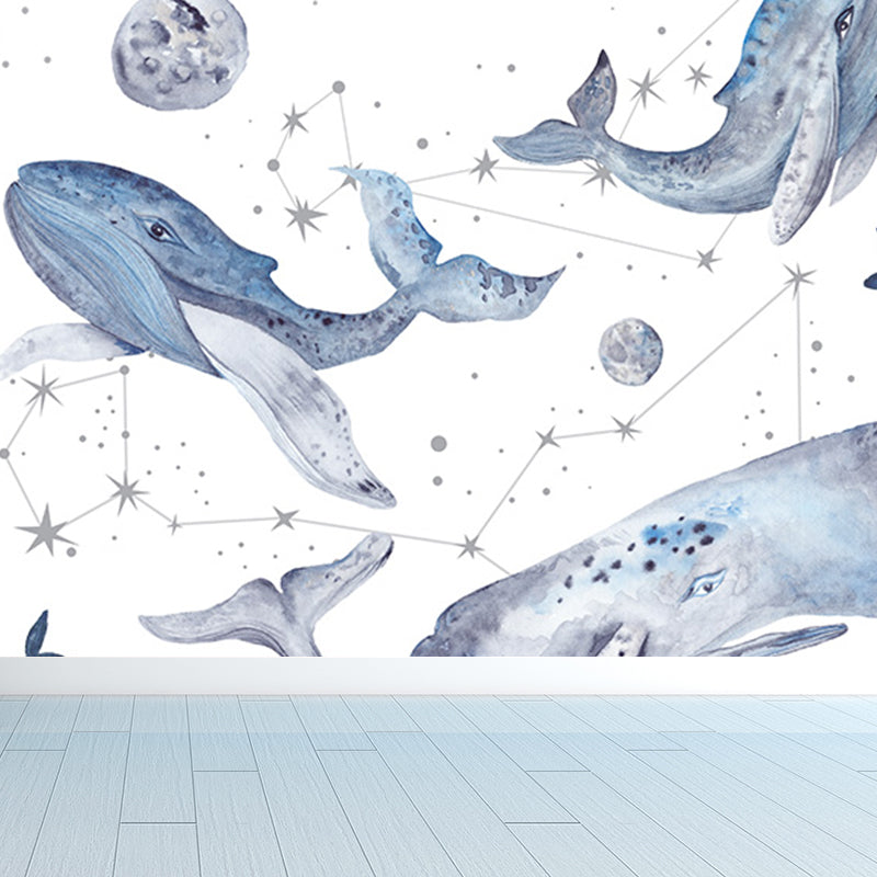 Whale Wallpaper Mural Cartoon Moisture Resistant Kids Bedroom Wall Decor, Personalized Size White Clearhalo 'Wall Decor' 'Wall Mural' 1697237