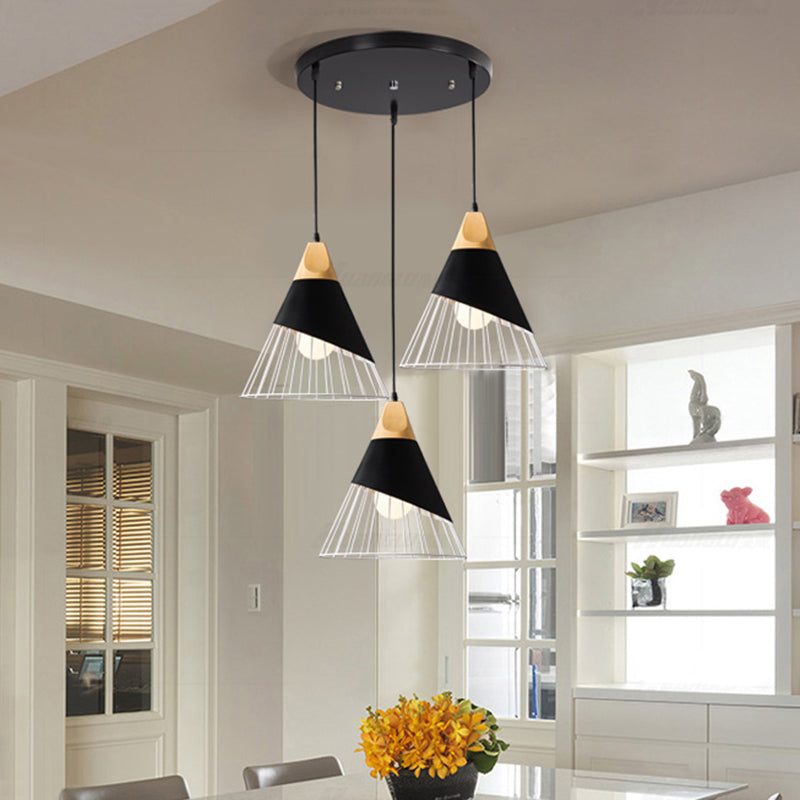 3 Lights Metal Pendant Light Modernism Black/White Cone Cage Shade Suspended Lamp with Round Canopy Black Clearhalo 'Ceiling Lights' 'Modern Pendants' 'Modern' 'Pendant Lights' 'Pendants' Lighting' 16975