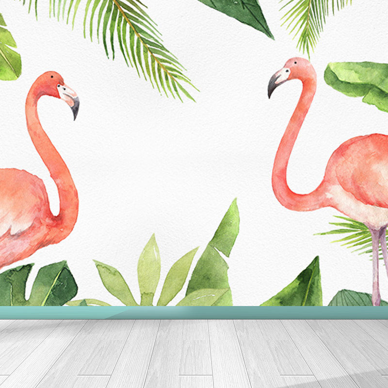 Tropix Flamingo and Plant Mural Light Color Stain Resistant Wall Art for Bedroom Green Design 2 Clearhalo 'Wall Decor' 'Wall Mural' 1697820