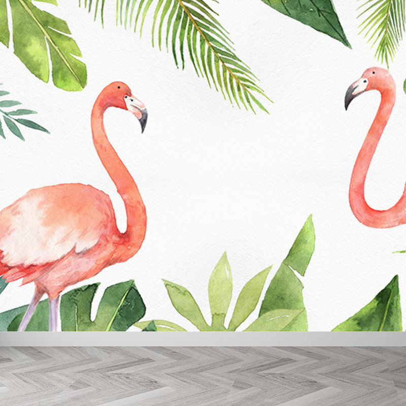 Tropix Flamingo and Plant Mural Light Color Stain Resistant Wall Art for Bedroom Clearhalo 'Wall Decor' 'Wall Mural' 1697822