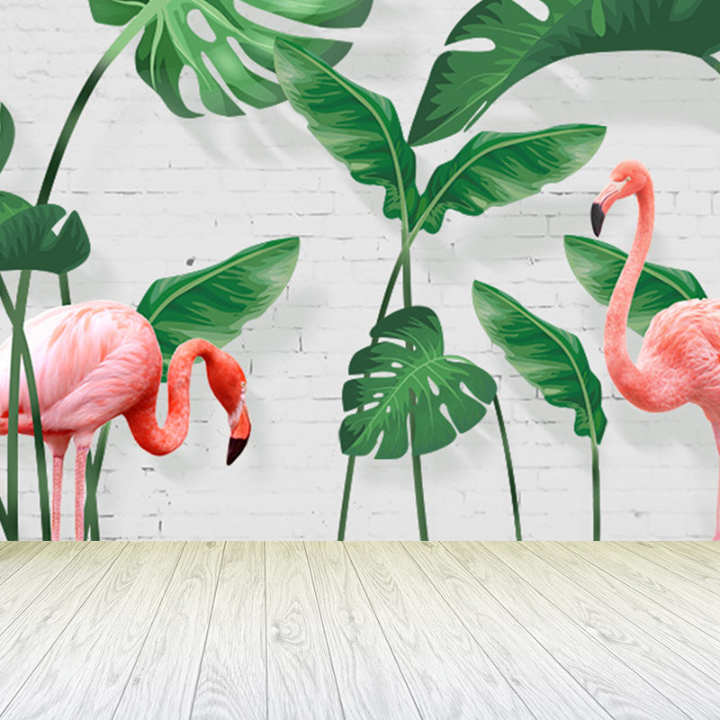 Tropix Flamingo and Plant Mural Light Color Stain Resistant Wall Art for Bedroom Green Design 4 Clearhalo 'Wall Decor' 'Wall Mural' 1697830