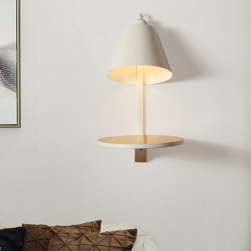White/Gray Tapered Shade Wall Sconce Lamp Nordic Style 1-Light Metal Wall Lighting with Wooden Supporter White Clearhalo 'Cast Iron' 'Glass' 'Industrial' 'Modern wall lights' 'Modern' 'Tiffany' 'Traditional wall lights' 'Wall Lamps & Sconces' 'Wall Lights' Lighting' 169798