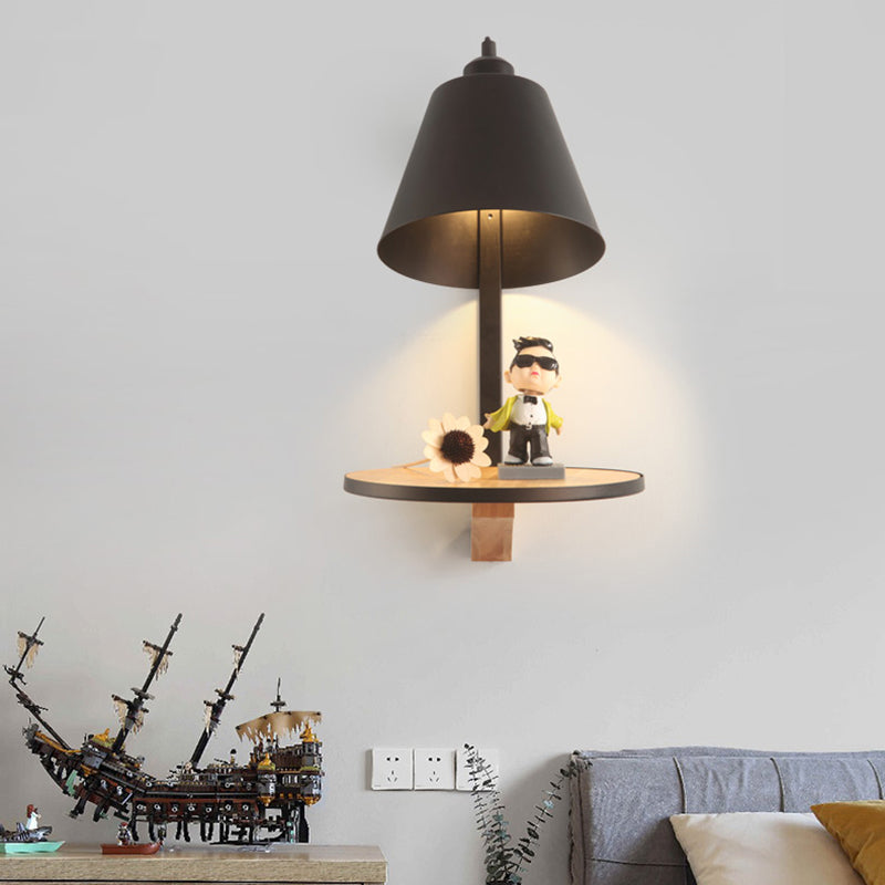 White/Gray Tapered Shade Wall Sconce Lamp Nordic Style 1-Light Metal Wall Lighting with Wooden Supporter Black Clearhalo 'Cast Iron' 'Glass' 'Industrial' 'Modern wall lights' 'Modern' 'Tiffany' 'Traditional wall lights' 'Wall Lamps & Sconces' 'Wall Lights' Lighting' 169802